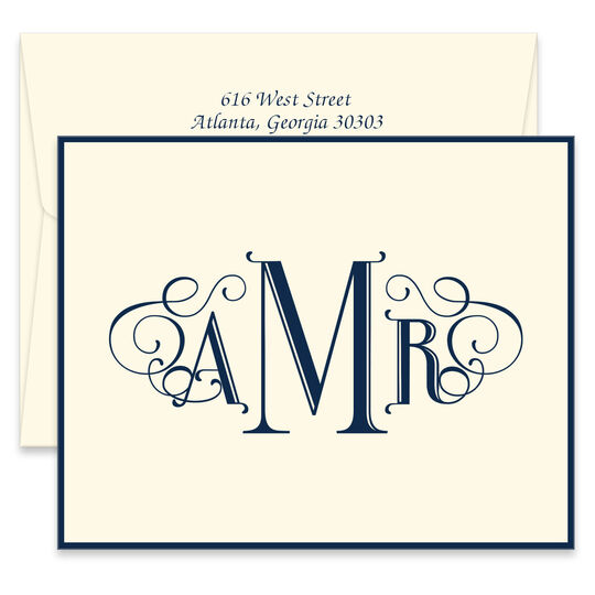 Swanky Uptown Monogram Bordered Folded Note Cards - Raised Ink